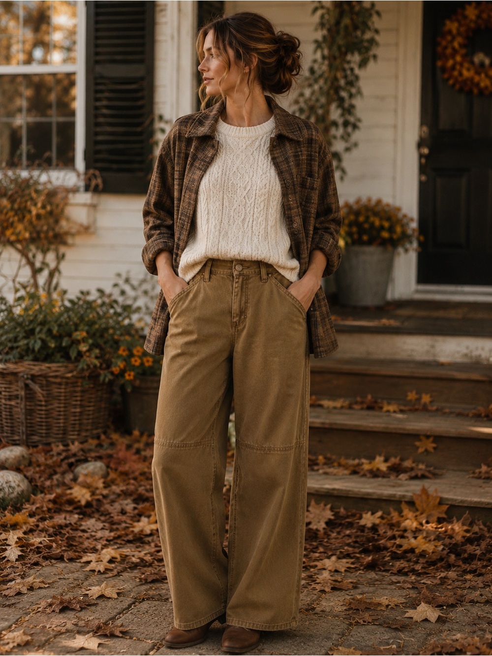 Ardene 100% Cotton Wide Leg Utility Pants Brown Size M